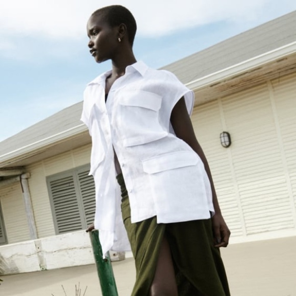 PATCH POCKET OVERSIZED SHIRT Safari Style Linen Top